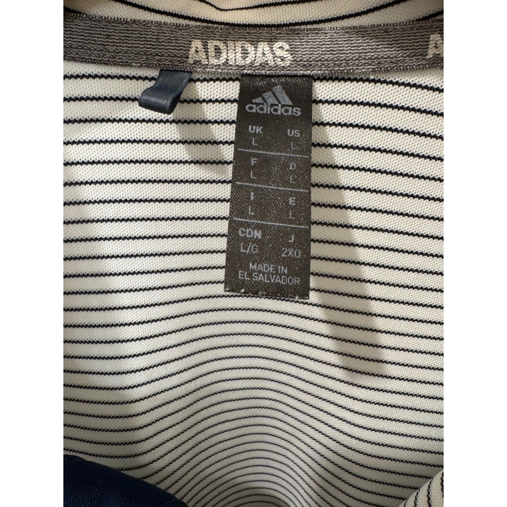 Adidas Mens Golf Polo Shirt White Navy Blue Striped Short Sleeve Large RN 88387 - Picture 3 of 6